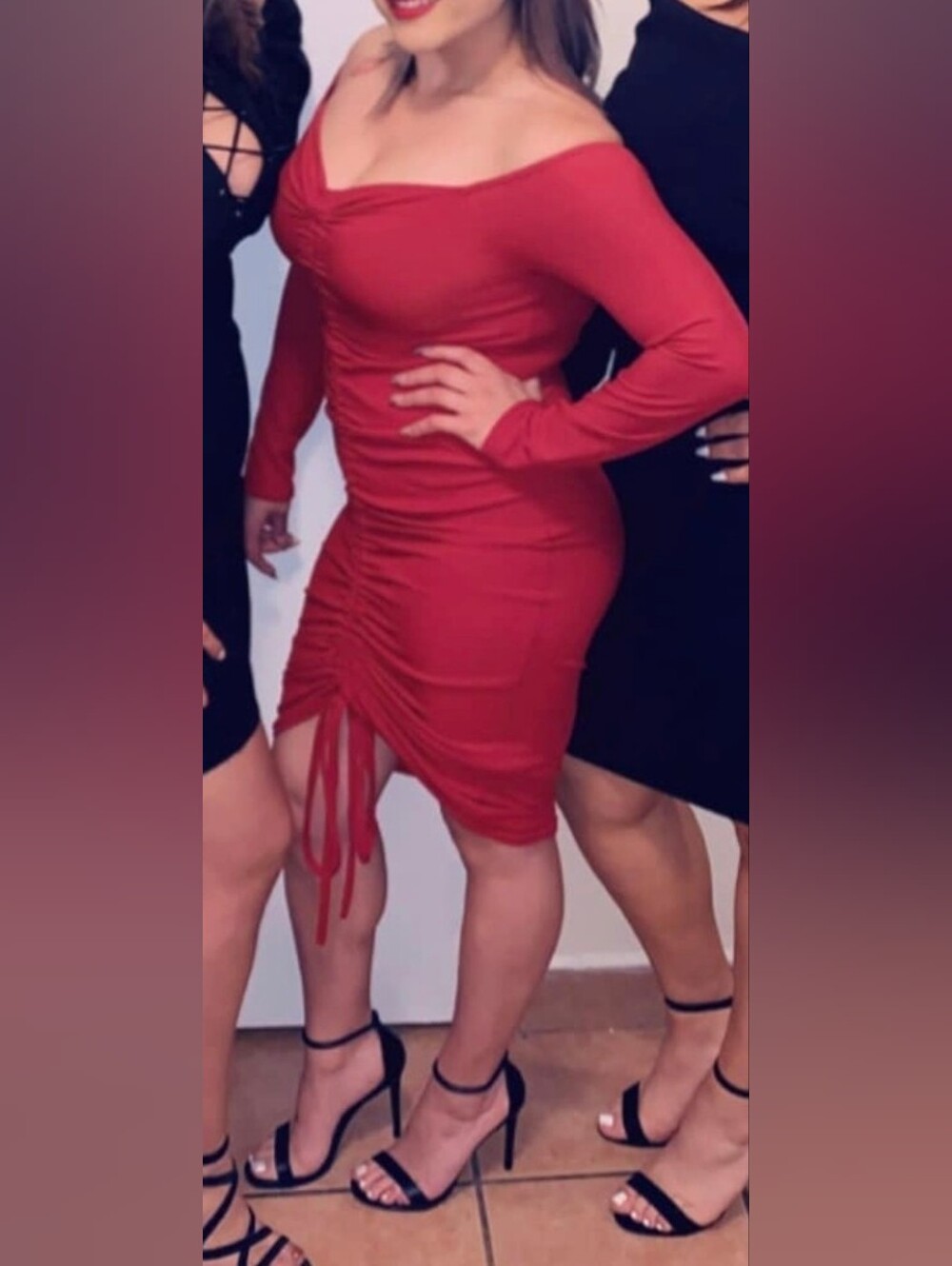 PrettyLittleThing Off-Shoulder Red Ruched Bodycon Dress - Picture 3 of 7